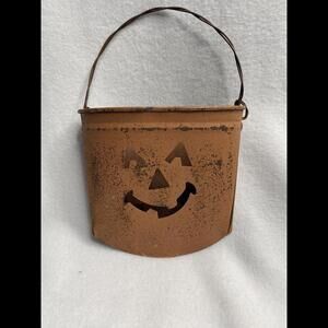 Halloween Metal Distressed Orange Pumpkin Hanger  6” Long, 3” Wide